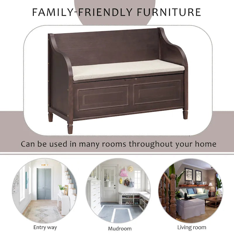 TREXM Rustic Style Multifunctional Storage Bench with Safety Hinge