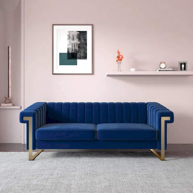 Takefuns Traditional Chesterfield Tufted Velvet Sofa, Couch with Removable Cushions and Gold Legs