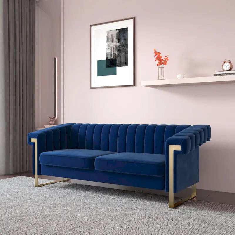 Takefuns Traditional Chesterfield Tufted Velvet Sofa, Couch with Removable Cushions and Gold Legs