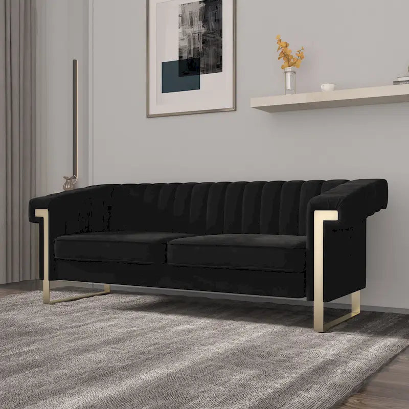 Takefuns Traditional Chesterfield Tufted Velvet Sofa, Couch with Removable Cushions and Gold Legs