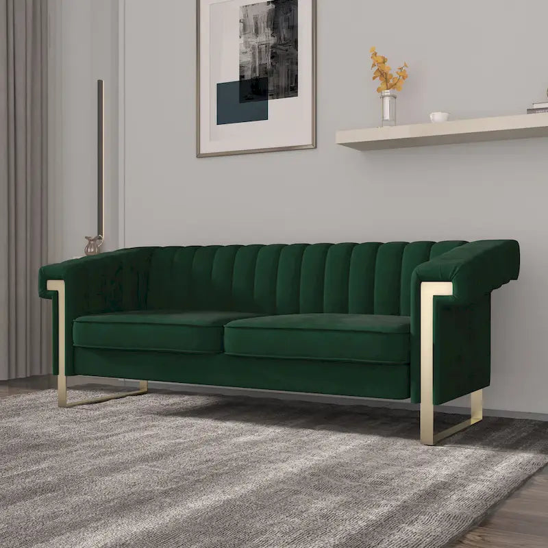 Takefuns Traditional Chesterfield Tufted Velvet Sofa, Couch with Removable Cushions and Gold Legs