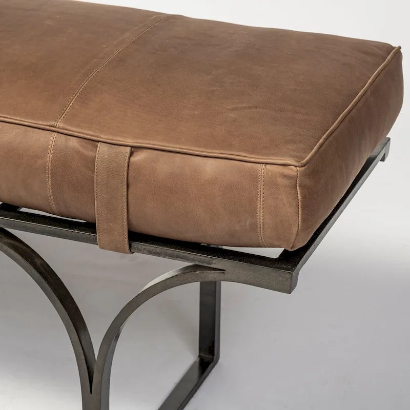 Jessie 55L x 16W Brown Leather Seat W/Black Metal Base Accent Bench - 55.0L x 16.0W x 19.0H