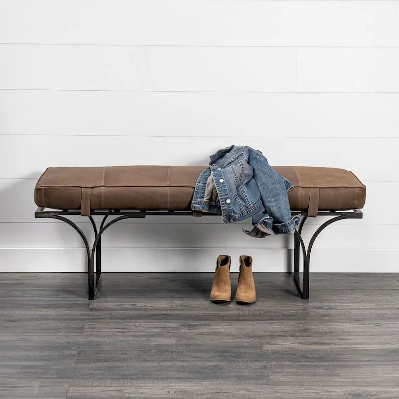 Jessie 55L x 16W Brown Leather Seat W/Black Metal Base Accent Bench - 55.0L x 16.0W x 19.0H