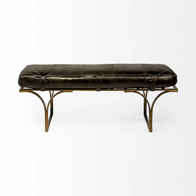 Jessie 55L x 16W Brown Leather Seat W/Black Metal Base Accent Bench - 55.0L x 16.0W x 19.0H
