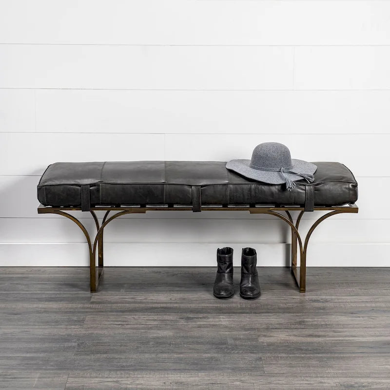 Jessie 55L x 16W Brown Leather Seat W/Black Metal Base Accent Bench - 55.0L x 16.0W x 19.0H