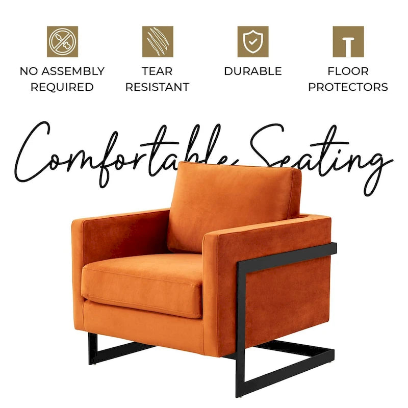 LeisureMod Lincoln Modern Velvet Arm Chair with Black Steel Frame - 35