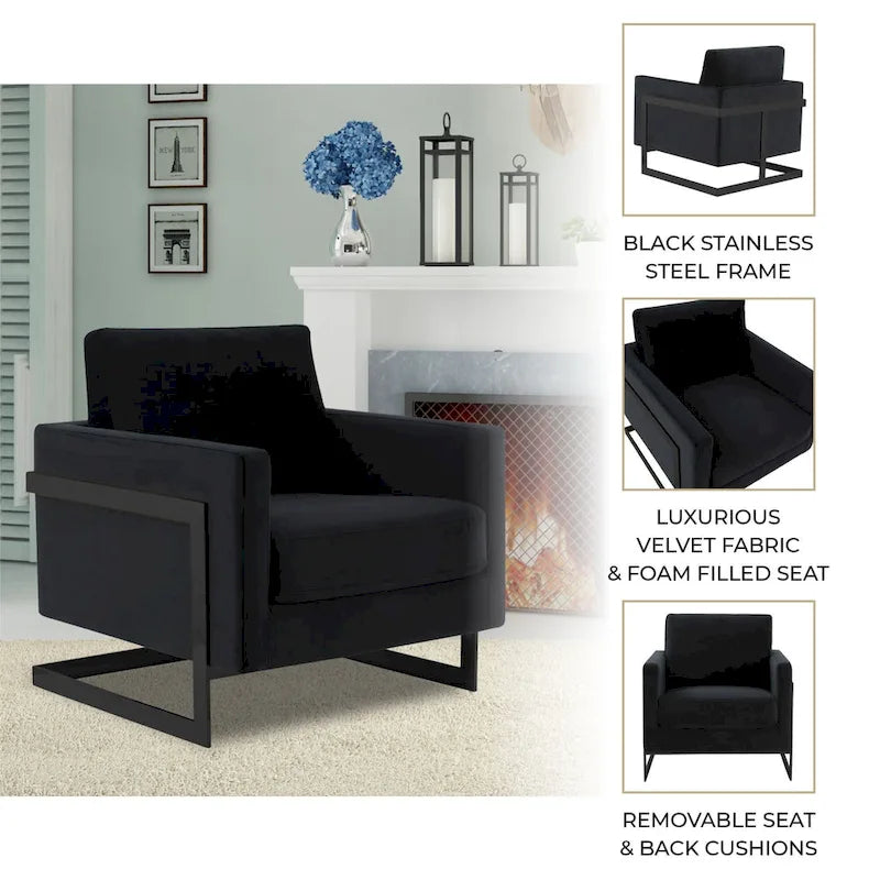 LeisureMod Lincoln Modern Velvet Arm Chair with Black Steel Frame - 35