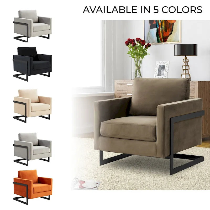 LeisureMod Lincoln Modern Velvet Arm Chair with Black Steel Frame - 35