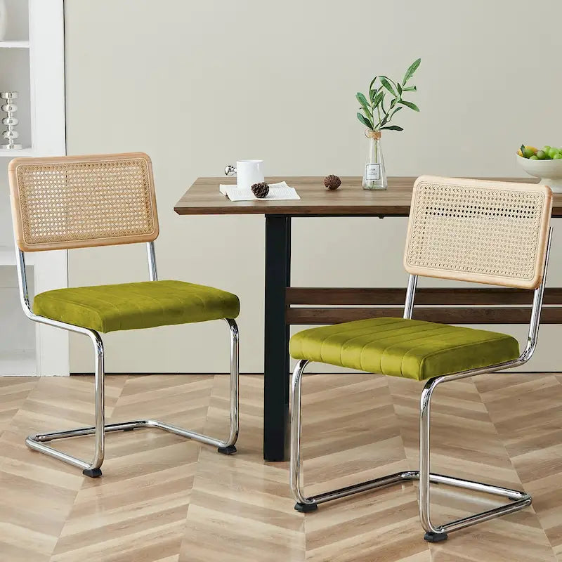 Chaises de salle à manger en rotin et velours