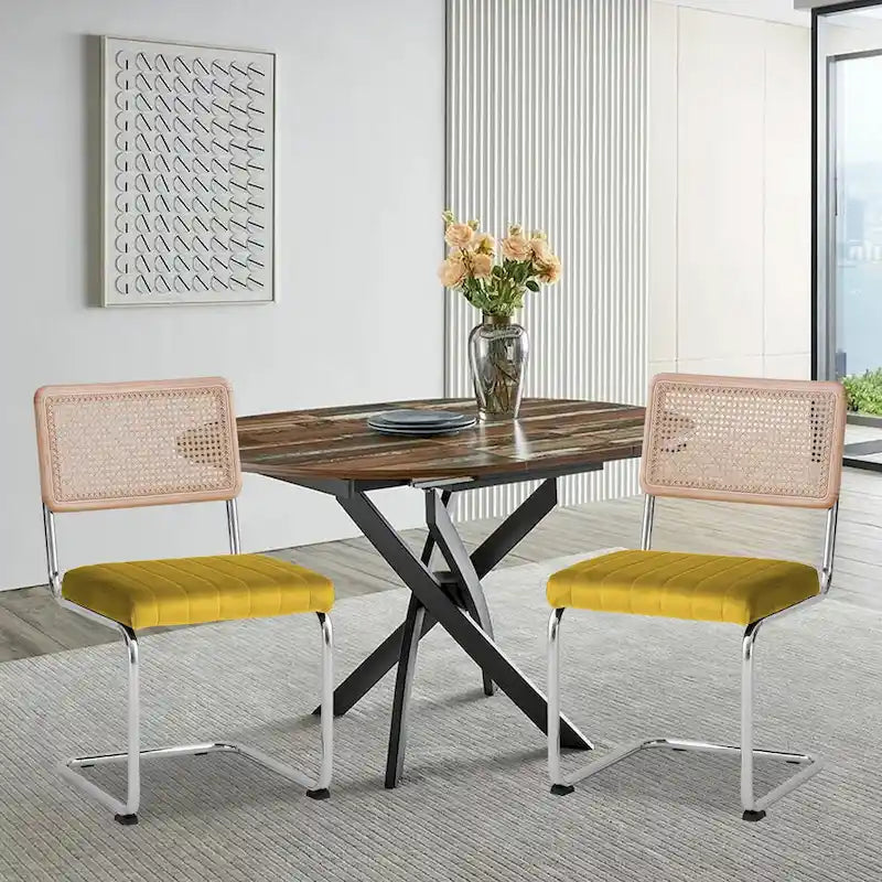 Chaises de salle à manger en rotin et velours