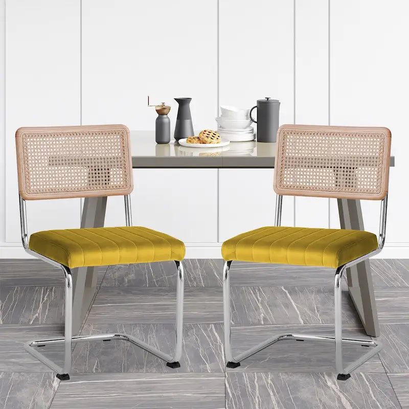 Chaises de salle à manger en rotin et velours