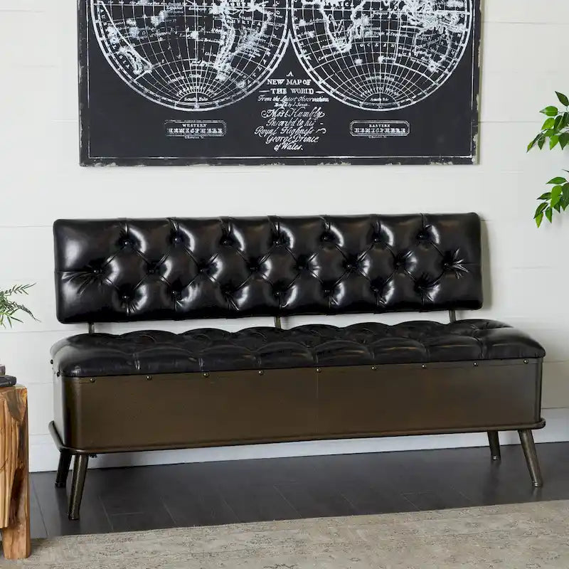 Metal Storage Bench with Tufted Faux Leather - Black - Roche River Decor - 19W x 54L x 31H