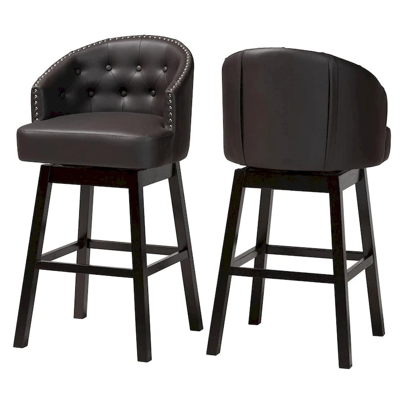 Avril Modern and Contemporary Brown Faux Leather Tufted Swivel Barstool with Nail heads Trim (Set of 2)