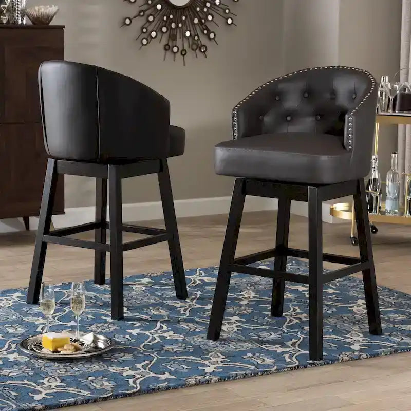Avril Modern and Contemporary Brown Faux Leather Tufted Swivel Barstool with Nail heads Trim (Set of 2)