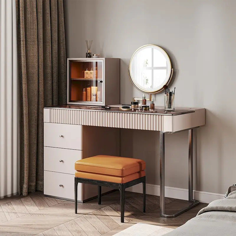 Mid-century Modern Makeup Vanity Table Set, LED Mirror, Tempered Glass Tabletop, 5 Drawers, Stool, Smoked Wood Veneer