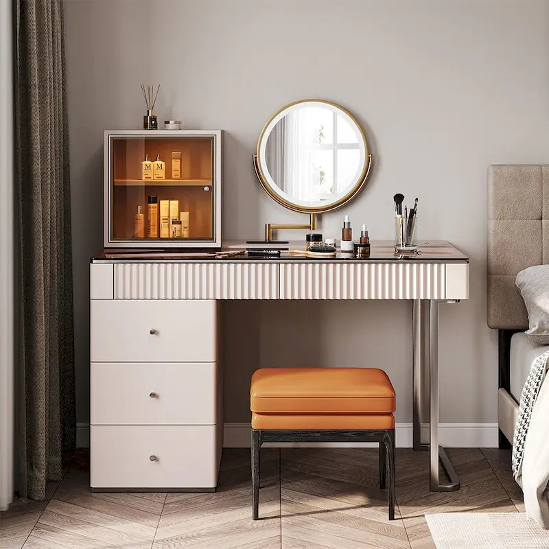 Mid-century Modern Makeup Vanity Table Set, LED Mirror, Tempered Glass Tabletop, 5 Drawers, Stool, Smoked Wood Veneer