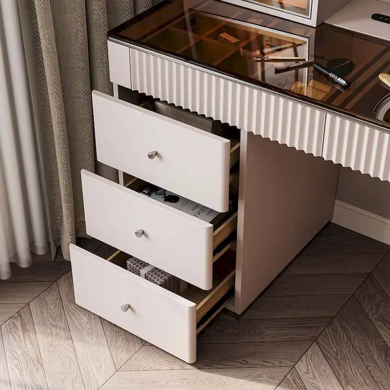 Mid-century Modern Makeup Vanity Table Set, LED Mirror, Tempered Glass Tabletop, 5 Drawers, Stool, Smoked Wood Veneer