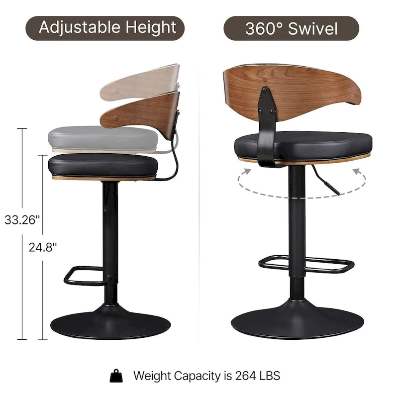 Tabourets de bar pivotants réglables en bois courbé