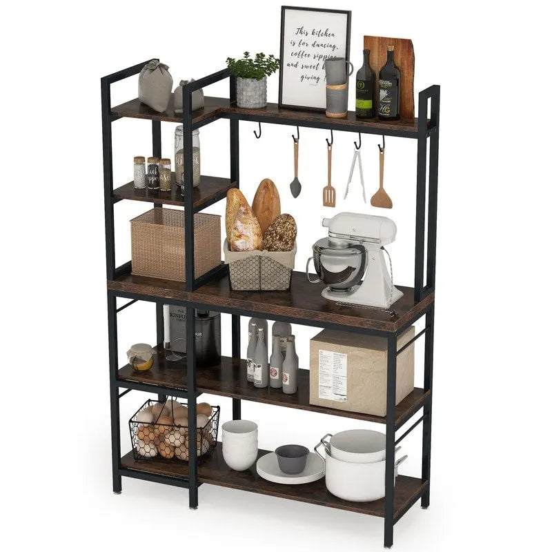 4-Tier Rustic Brown Bakers Rack with S-Shape Hooks
