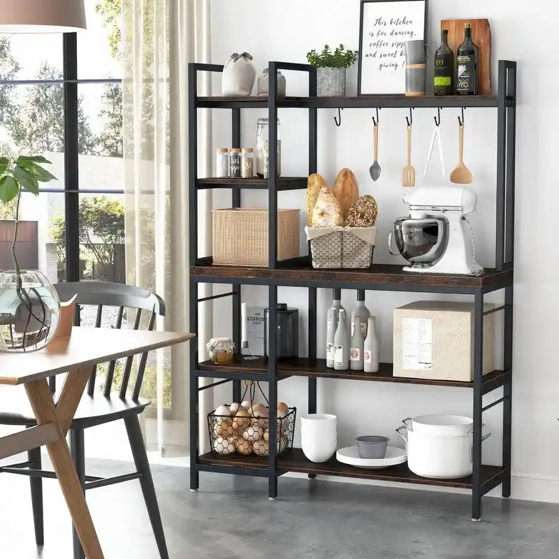 4-Tier Rustic Brown Bakers Rack with S-Shape Hooks