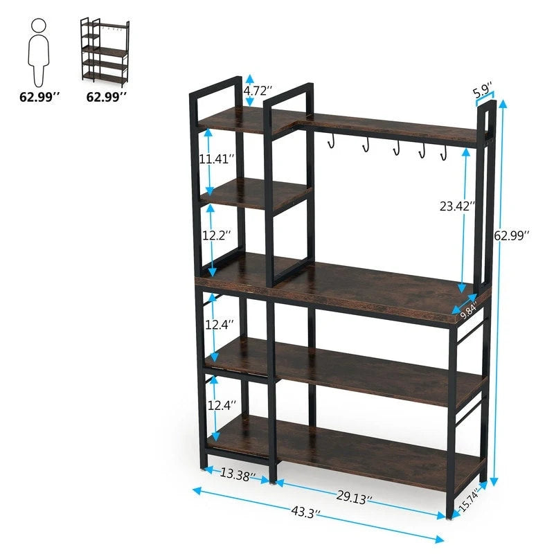 4-Tier Rustic Brown Bakers Rack with S-Shape Hooks