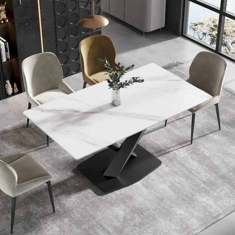 63Modern Dining Table, White Sintered Stone Tabletop Dining Table with Moran Violet Steel Base - N/A