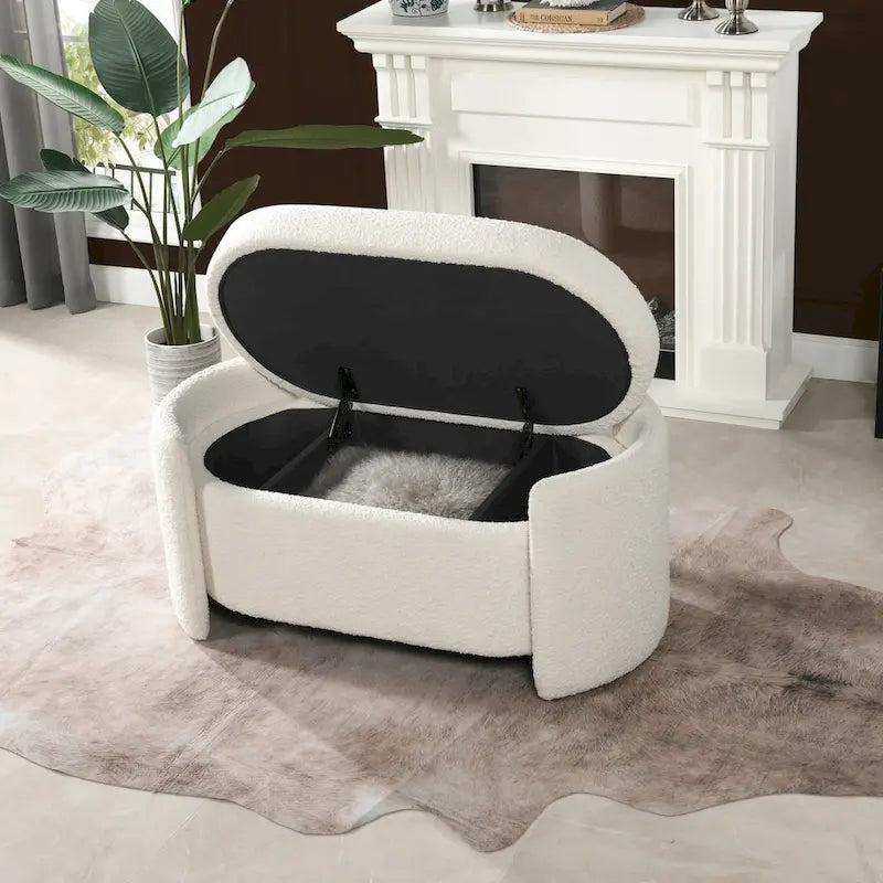 Fuji 43 Ivory White Boucle Sherpa Upholstered Oval Storage Bench - 43W X 21D X 18.5H