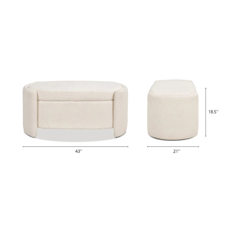 Fuji 43 Ivory White Boucle Sherpa Upholstered Oval Storage Bench - 43W X 21D X 18.5H