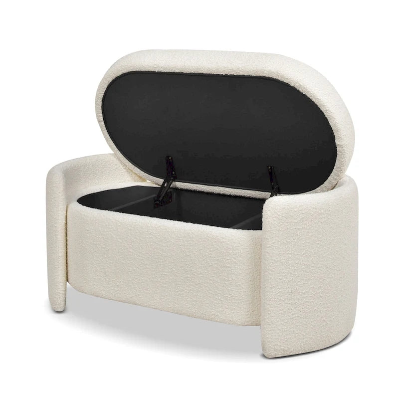 Fuji 43 Ivory White Boucle Sherpa Upholstered Oval Storage Bench - 43W X 21D X 18.5H