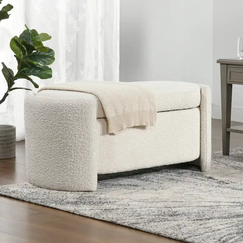 Fuji 43 Ivory White Boucle Sherpa Upholstered Oval Storage Bench - 43W X 21D X 18.5H