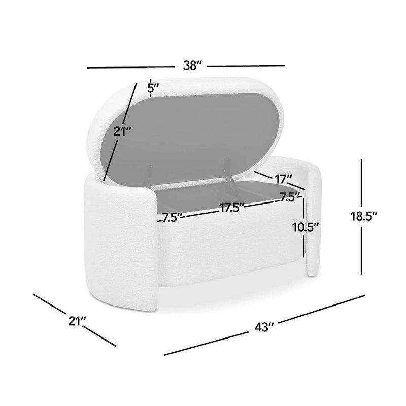 Fuji 43 Ivory White Boucle Sherpa Upholstered Oval Storage Bench - 43W X 21D X 18.5H