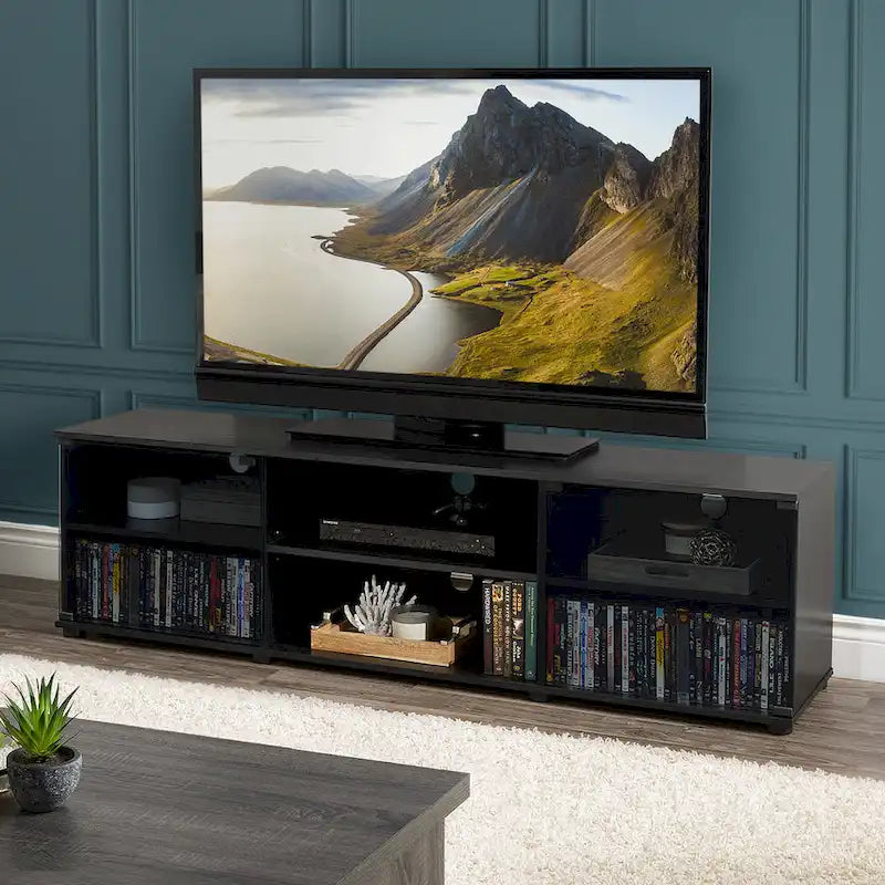 Meuble TV noir avec portes vitrées, Pour téléviseurs jusqu'à 85 pouces