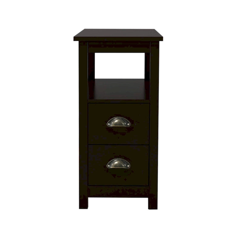 End Table Narrow Nightstand With Two Drawers And Open Shelf-Brown