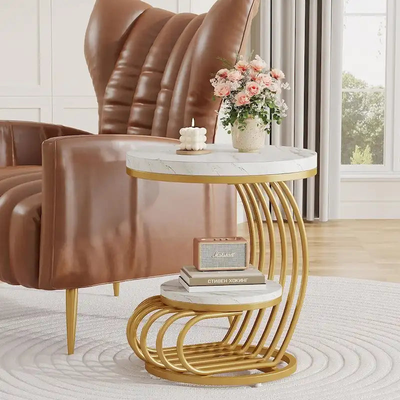 Table d'appoint à 2 niveaux en faux marbre avec étagère de rangement