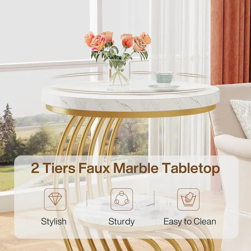 Table d'appoint à 2 niveaux en faux marbre avec étagère de rangement