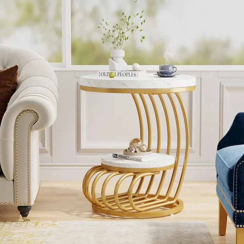 Table d'appoint à 2 niveaux en faux marbre avec étagère de rangement