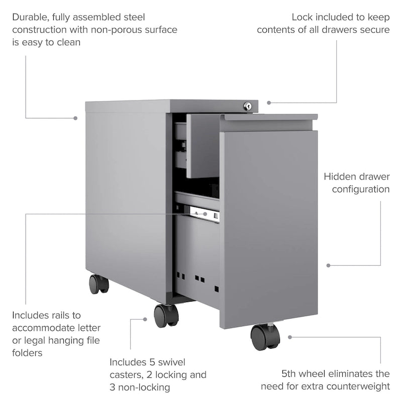 Hirsh 20-in Deep Mobile Zip Pedestal 2-Drawer Box/File, Silver