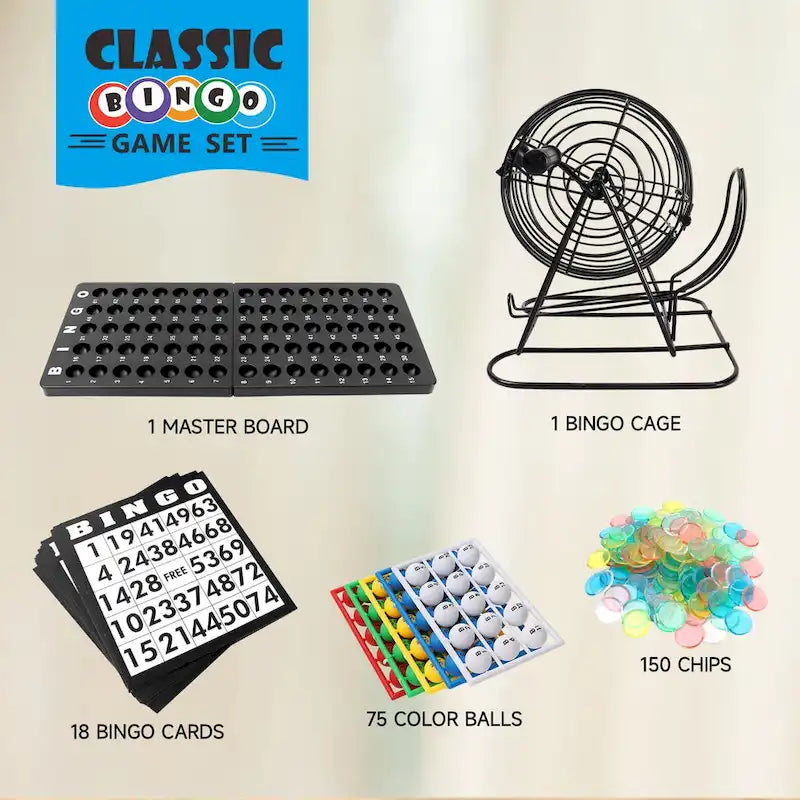 GSE Classic Bingo Game Set for Kids & Adults, Family - Roller Cage and Board, 75 Bingo Balls, 150 Bingo Chips, 18 Bingo Cards