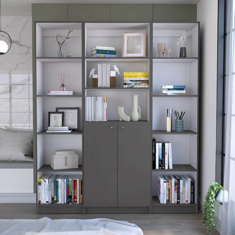 Kenyon 60 Wide 5-Shelf and Cabinet Bookcase Set of 3 Matt Grey - White