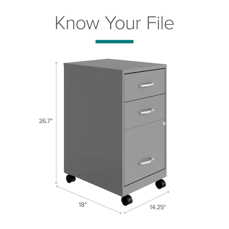 Space Solutions 18 Deep 3 Drawer Mobile Metal Cabinet, Arctic Silver