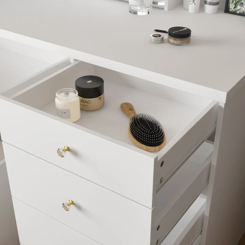 Makeup Vanity Table Set with Three-Color Light Mirror&Mirror & Stool - N/A