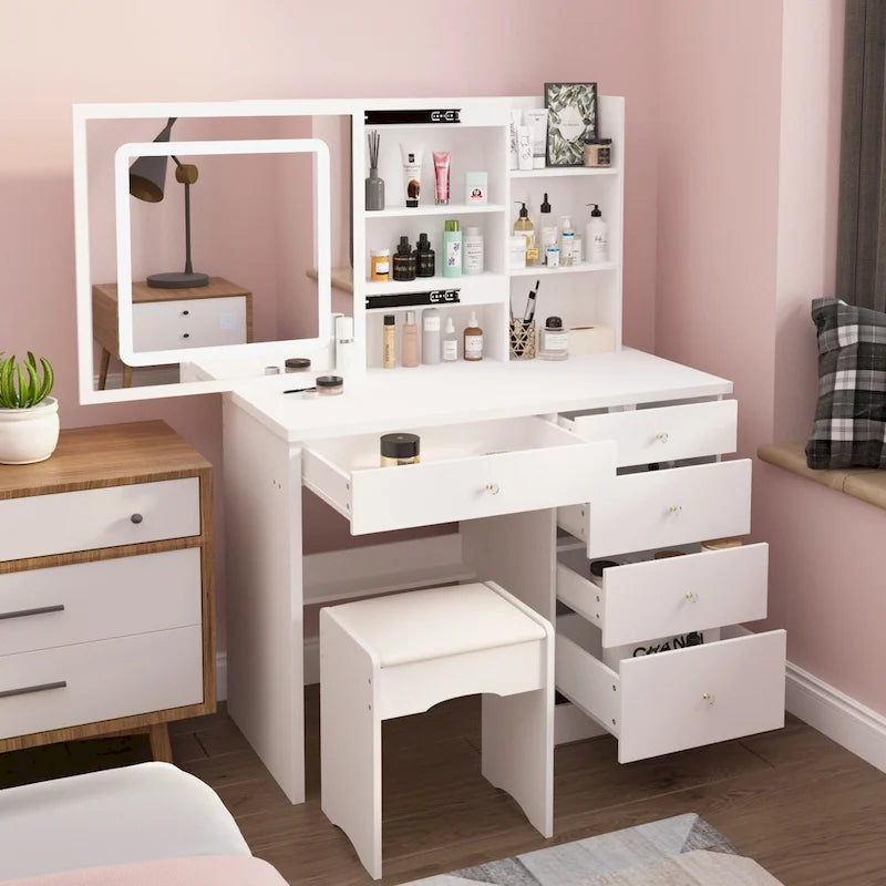 Makeup Vanity Table Set with Three-Color Light Mirror&Mirror & Stool - N/A