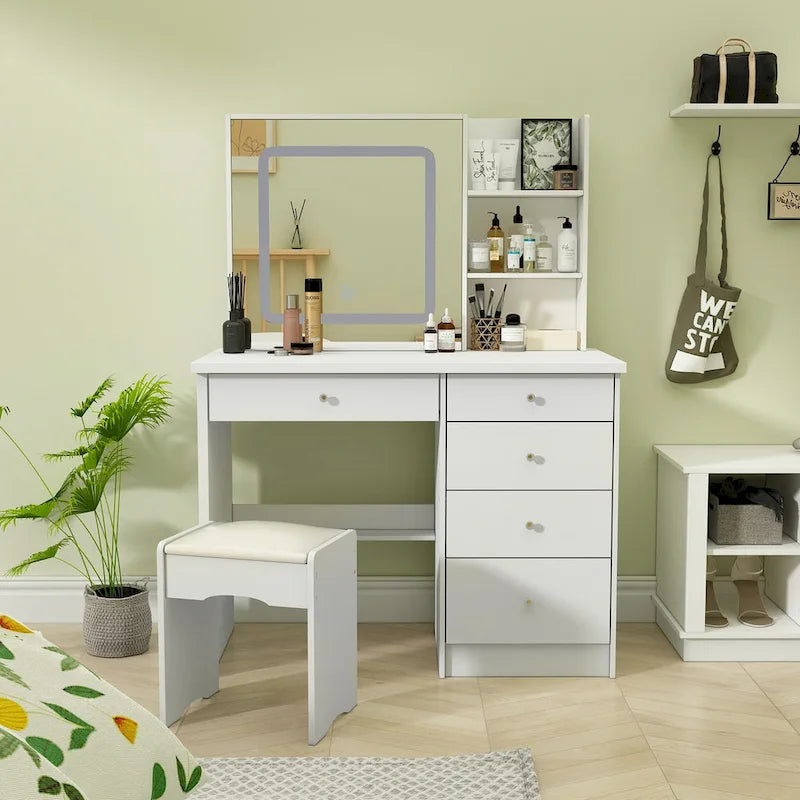 Makeup Vanity Table Set with Three-Color Light Mirror&Mirror & Stool - N/A