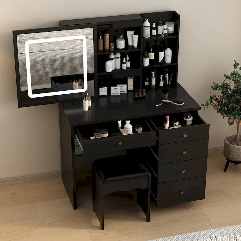Makeup Vanity Table Set with Three-Color Light Mirror&Mirror & Stool - N/A