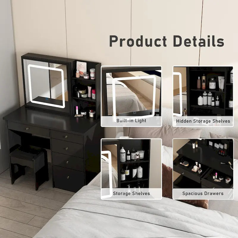 Makeup Vanity Table Set with Three-Color Light Mirror&Mirror & Stool - N/A