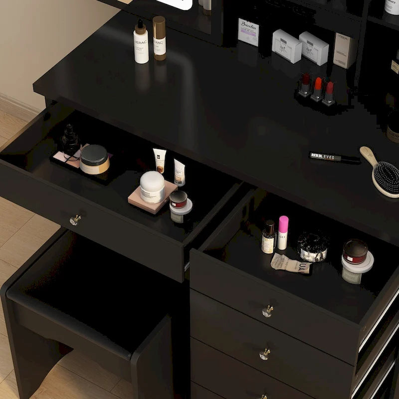Makeup Vanity Table Set with Three-Color Light Mirror&Mirror & Stool - N/A