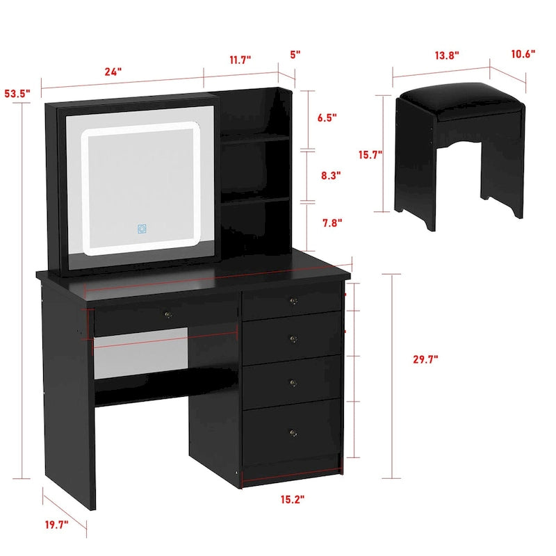 Makeup Vanity Table Set with Three-Color Light Mirror&Mirror & Stool - N/A