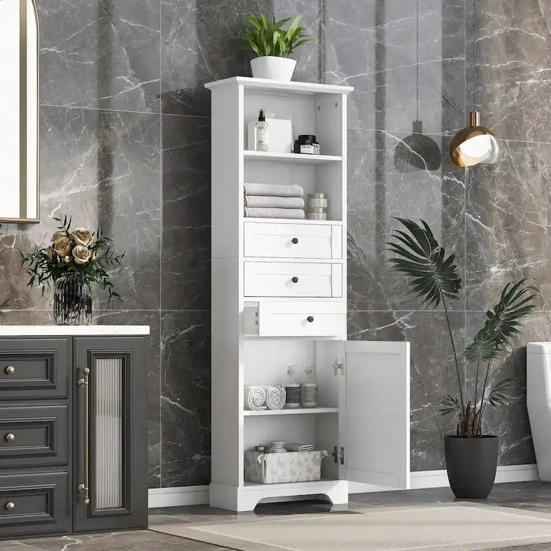 Modern White Storage Cabinet with 3 Drawers and Adjustable Shelves for Bathroom, Kitchen and Living Room