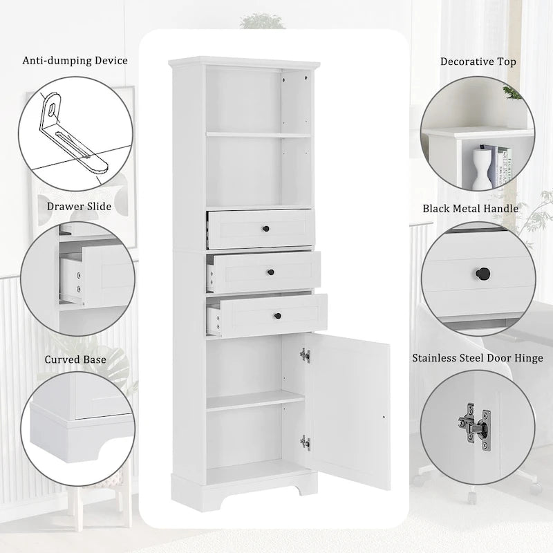 Modern White Storage Cabinet with 3 Drawers and Adjustable Shelves for Bathroom, Kitchen and Living Room