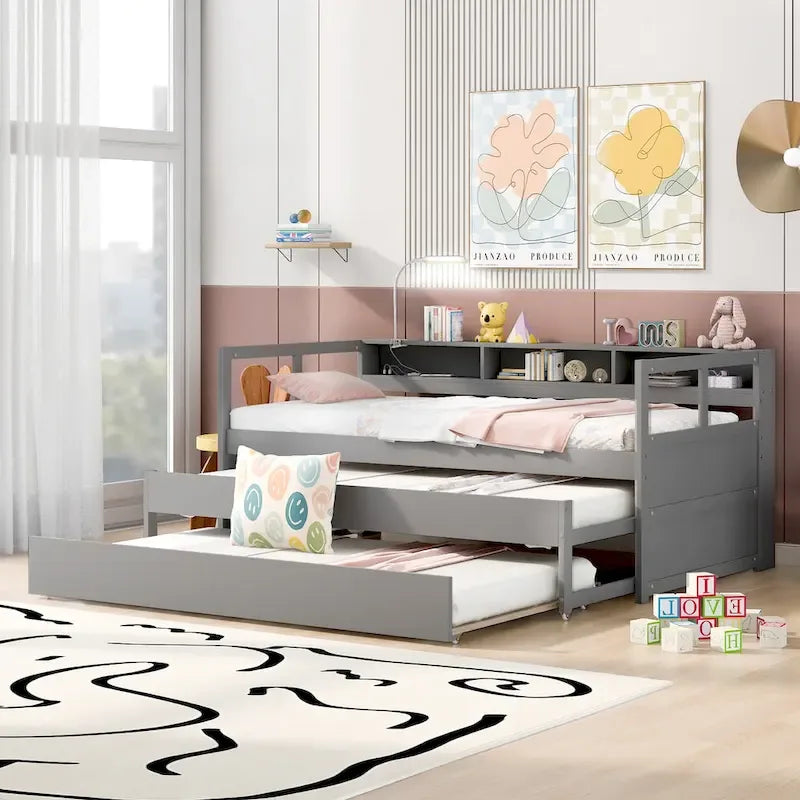 Twin XL Wood Daybed with 2 Trundles, 3 Storage Cubbies, 1 Light for Free and USB Charging Design, Gray